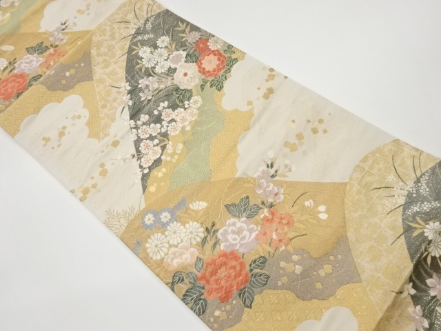 リサイクル　山並みに草花・梅模様織出し袋帯